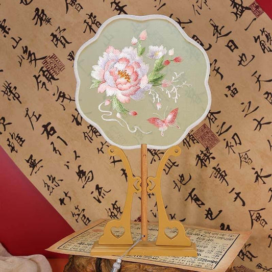 Chinese Suzhou Green - based Peony Double - Sided Embroidered Round Fan for Dance & Ancient Style - STAR8S