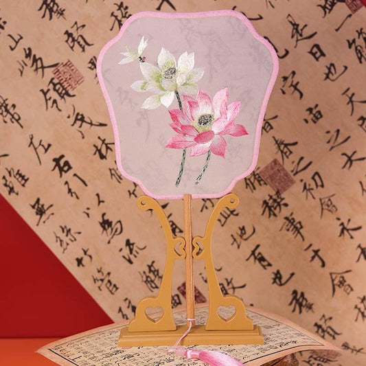 Chinese Suzhou Pink Lotus Double - Sided Embroidered Round Fan for Dance & Ancient Style - STAR8S