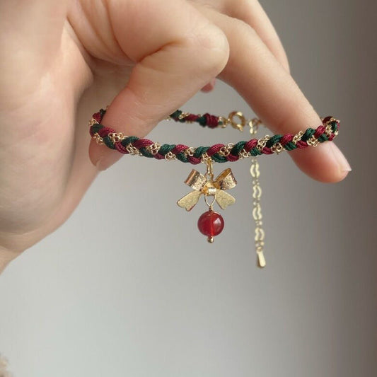 Christmas Braided Bow Bracelet - Festive Red & Green Holiday Jewelry - STAR8S