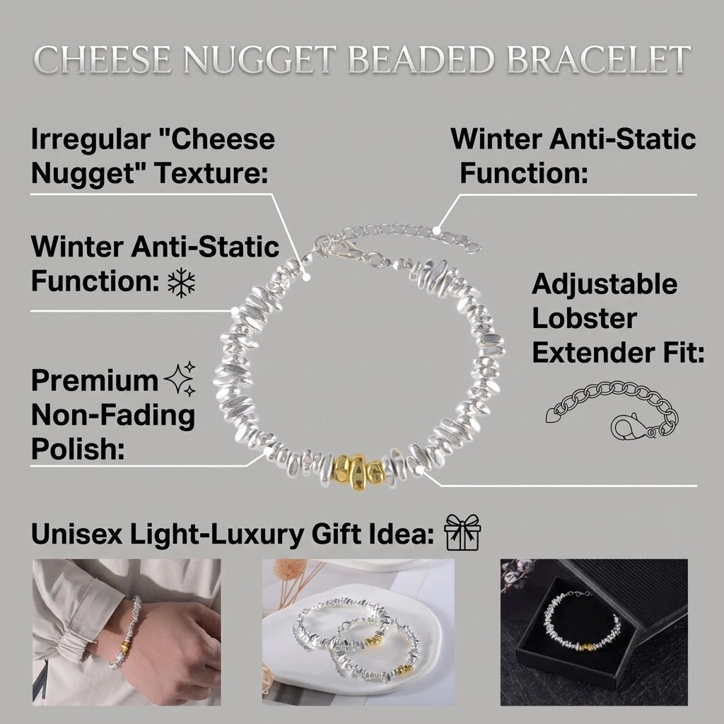 anti static bracelet for women men silver tone nugget bead bracelet irregular hematite stone shards strand stackable cute cheese nugget link chain winter static discharge jewelry light luxury minimalist birthday gift