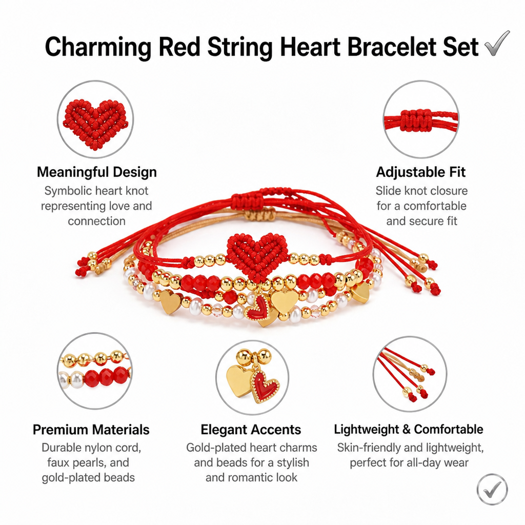 boho chic 4-piece red string & gold-tone heart bracelet stack | lightweight adjustable braided cord beaded charm bracelets set perfect for daily wear & gifting