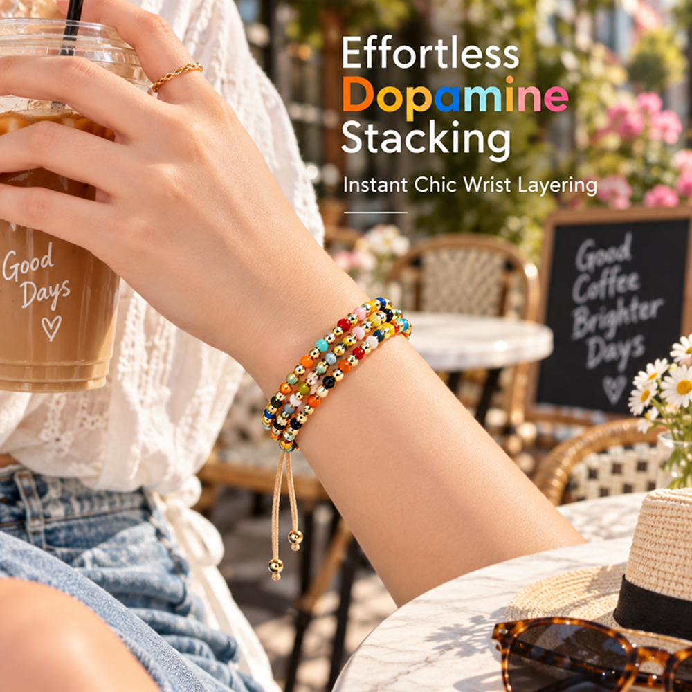 three-strand beaded bracelet for women, glossy multicolor beads with gold-tone round beads, adjustable sliding knot cord closure, boho vintage style layered design with dangling cord ends, colorful jewelry for everyday wear, vacations and birthday gi