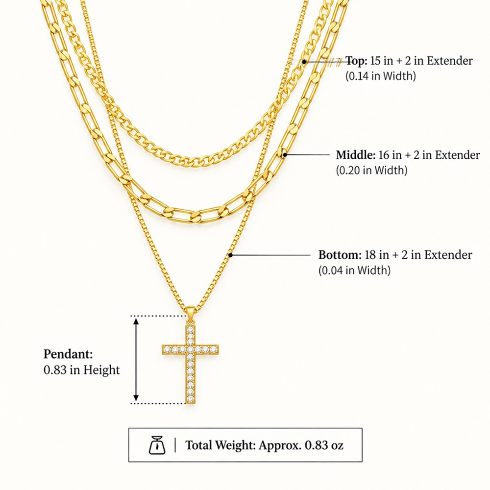 layered cross necklace set for women, 3 gold-tone electroplated brass chains with sparkling cross pendant, flat link and paperclip styles, 15, 16 and 18 inch lengths with 2 inch extenders, lobster clasps, everyday jewelry for blouses, dresses and swe