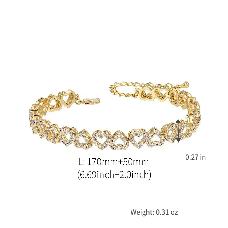 gold tone heart bracelet for women teen girls full pavé crystal rhinestone interlocking heart link charm bangle adjustable extension chain western fashion luxury romantic jewelry anniversary valentine gift