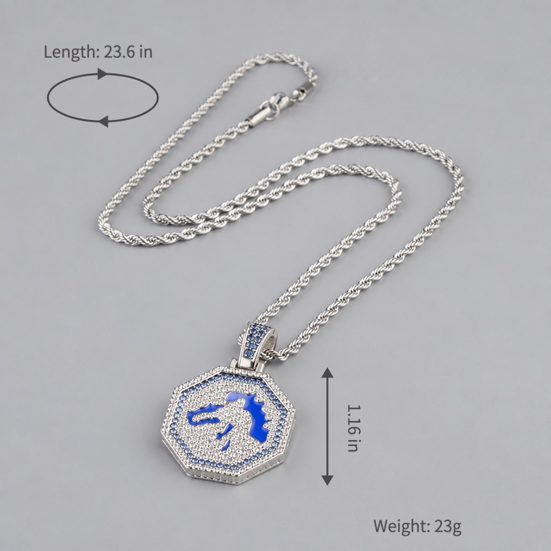 vibrant blue enamel horse head necklace sparkling micro pave cubic zirconia medallion high polish tarnish resistant hypoallergenic twist rope chain edgy street style pendant for men