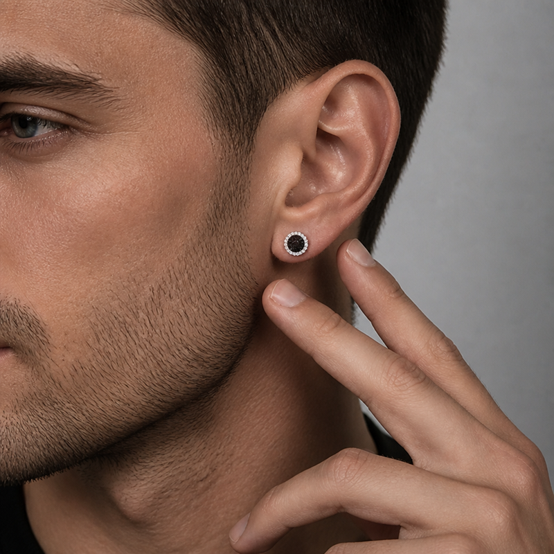 men's black druzy stud earrings titanium steel non tarnish fake gauge bling crystal halo round earrings punk gothic hip hop ear studs streetwear jewelry accessories gift for men boyfriend silver color