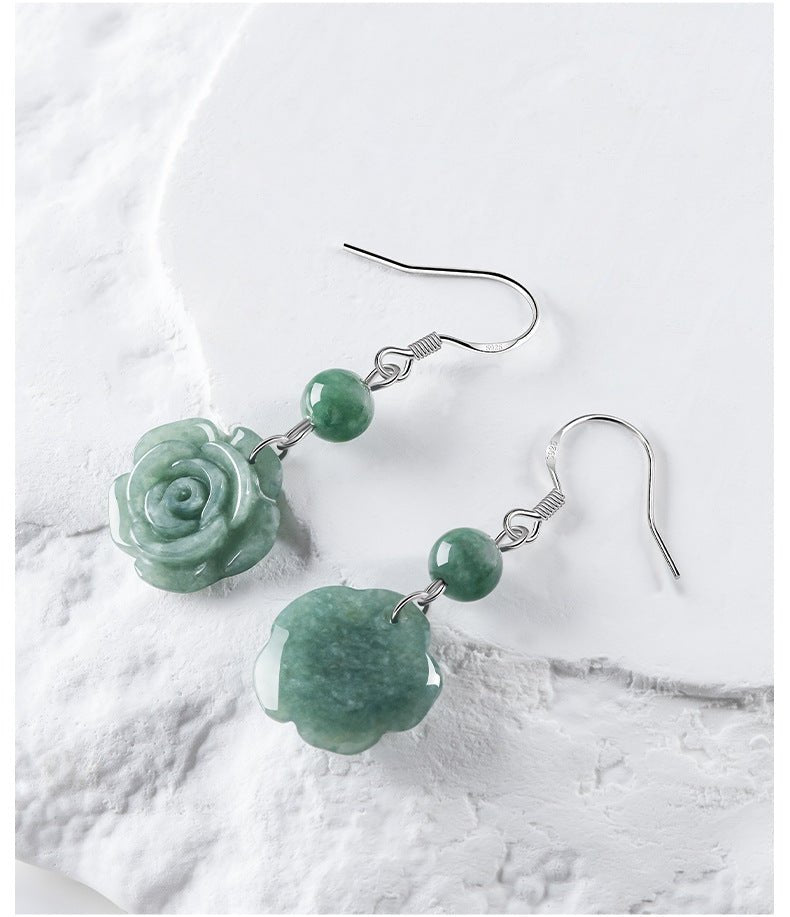 genuine jadeite bean green rose earrings, s925 silver – elegant women's jewelry - star8s