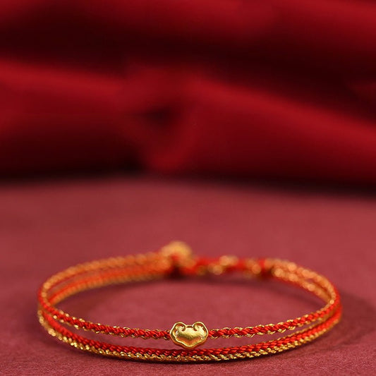 Golden Red String Bracelet 999 Pure Gold Ruyi Bracelet | Handwoven Heart Charm - STAR8S