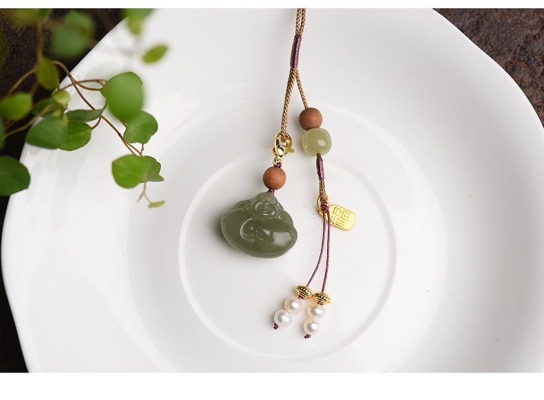 handcrafted hetian jade laughing buddha keychain pendant - good luck phone charm, keychain, bag decoration - star8s