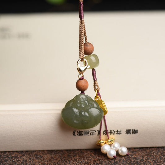 Handcrafted Hetian Jade Laughing Buddha Keychain Pendant - Good Luck Phone Charm, Keychain, Bag Decoration - STAR8S