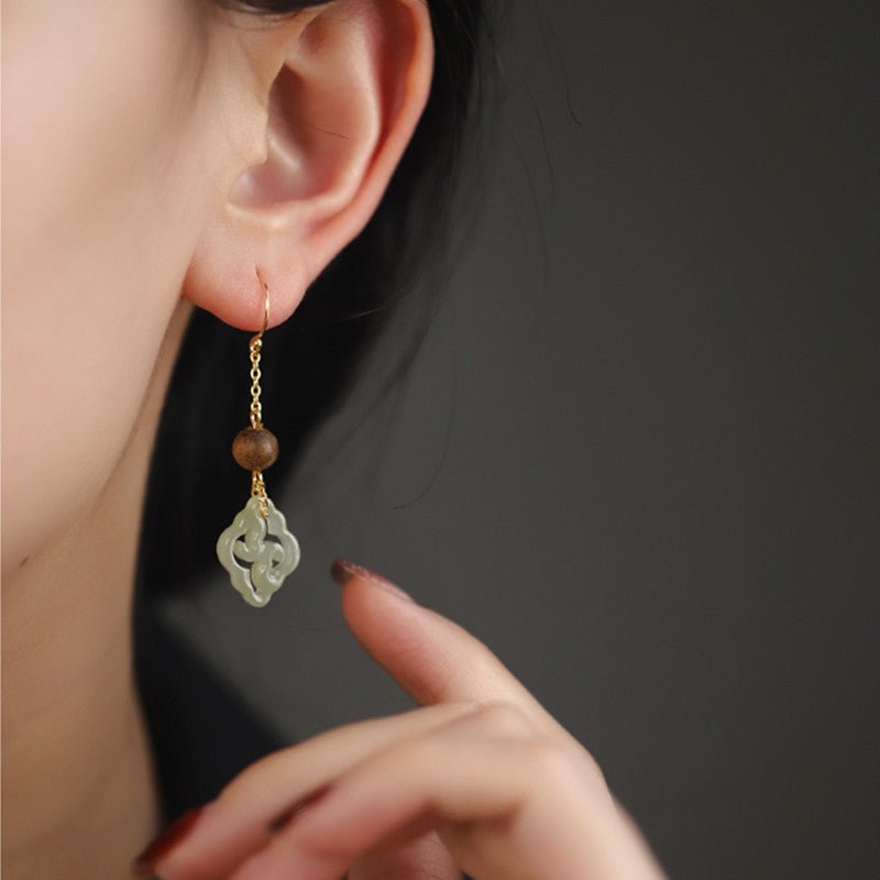 handmade natural hetian jade & agarwood earrings β chinese style, 925 silver gold plated hook - star8s