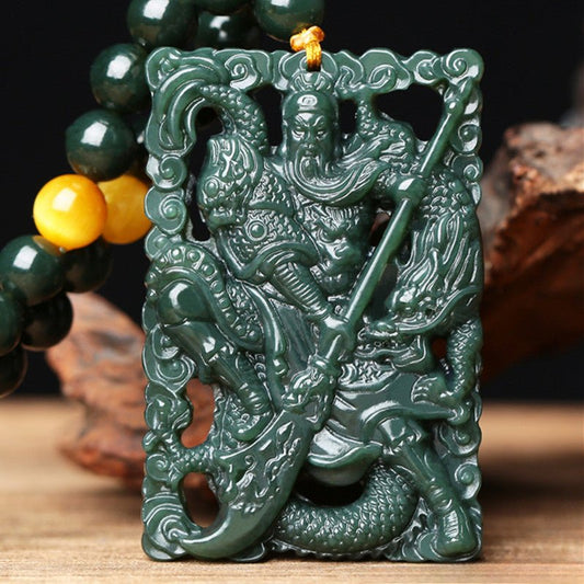 He Tian Jade Green Carved Guan Gong Pendant - Authentic Natural Jade Necklace for Men - STAR8S