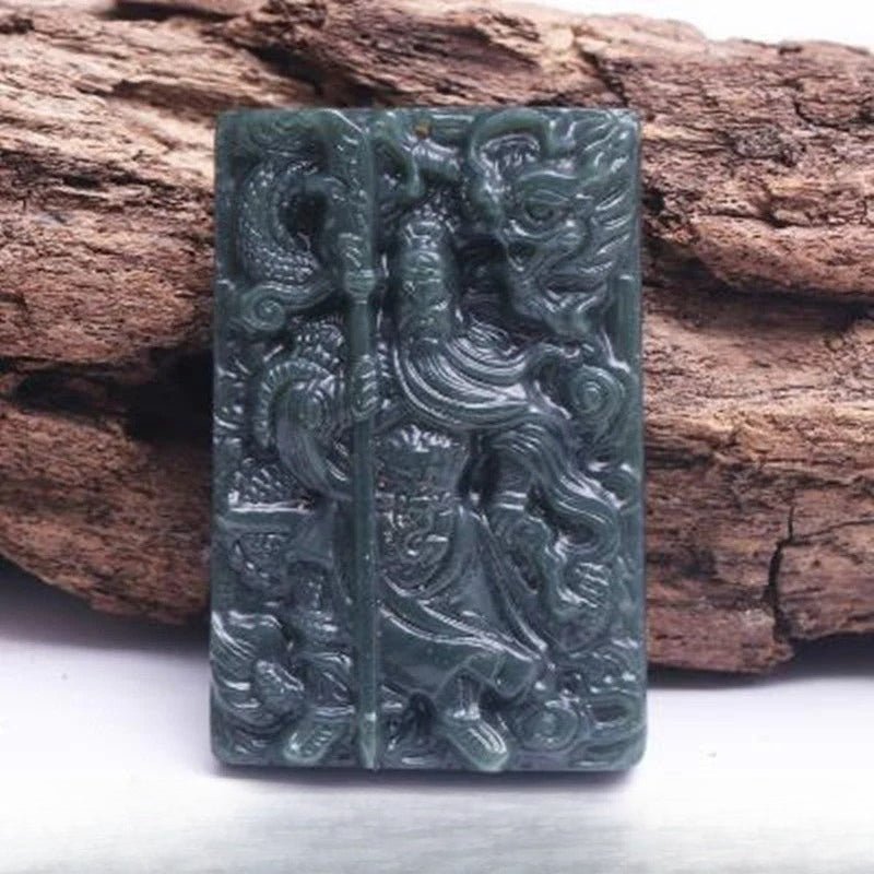 he tian jade green carved guan gong pendant - authentic natural jade necklace for men - star8s