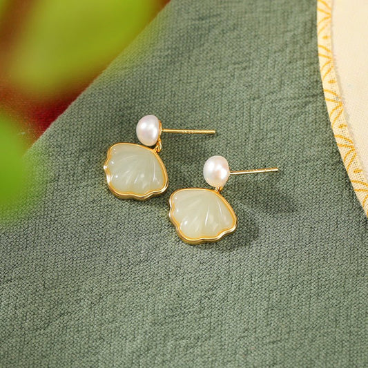 Hetian Jade Earrings Pearl Seashell - 925 Silver 14K Gold Plated - STAR8S
