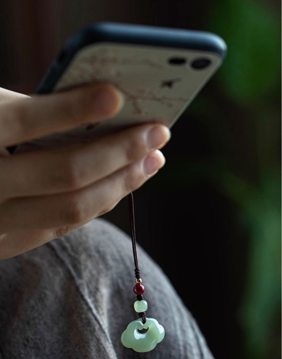hetian jade peace lock keychain - natural white jade phone pendant, good luck charm, handcrafted jewelry - star8s