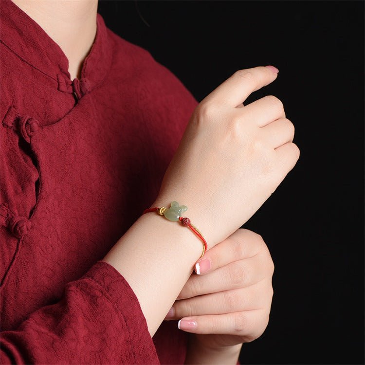 hetian jade rabbit red string bracelet with gold tassels - adjustable good luck bracelet for zodiac year - star8s