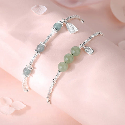 Jade and Silver Bracelet with Hetian Jade, 925 Silver, Fu, Broken Silver, and Ball | STAR8S