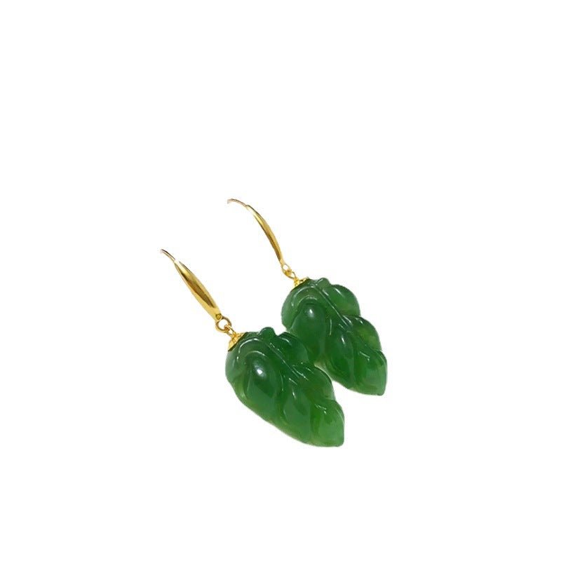 jade earrings - spinach green leaf design with 18k gold hooks | elegant nature - inspired jewelry - star8s