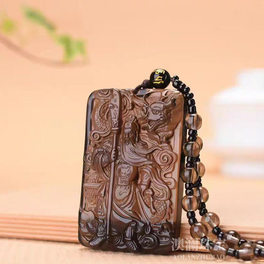 Jade Necklace - Ice - Grade Obsidian Guan Gong Pendant, Warrior God with Dragon Head, Men's Necklace - STAR8S