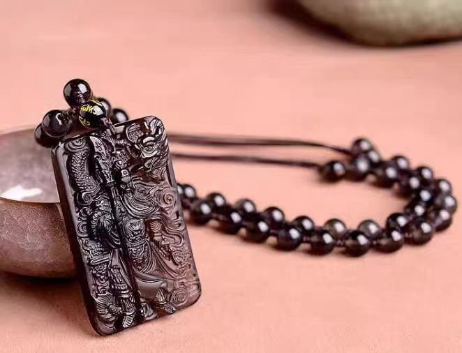 jade necklace - ice - grade obsidian guan gong pendant, warrior god with dragon head, men's necklace - star8s