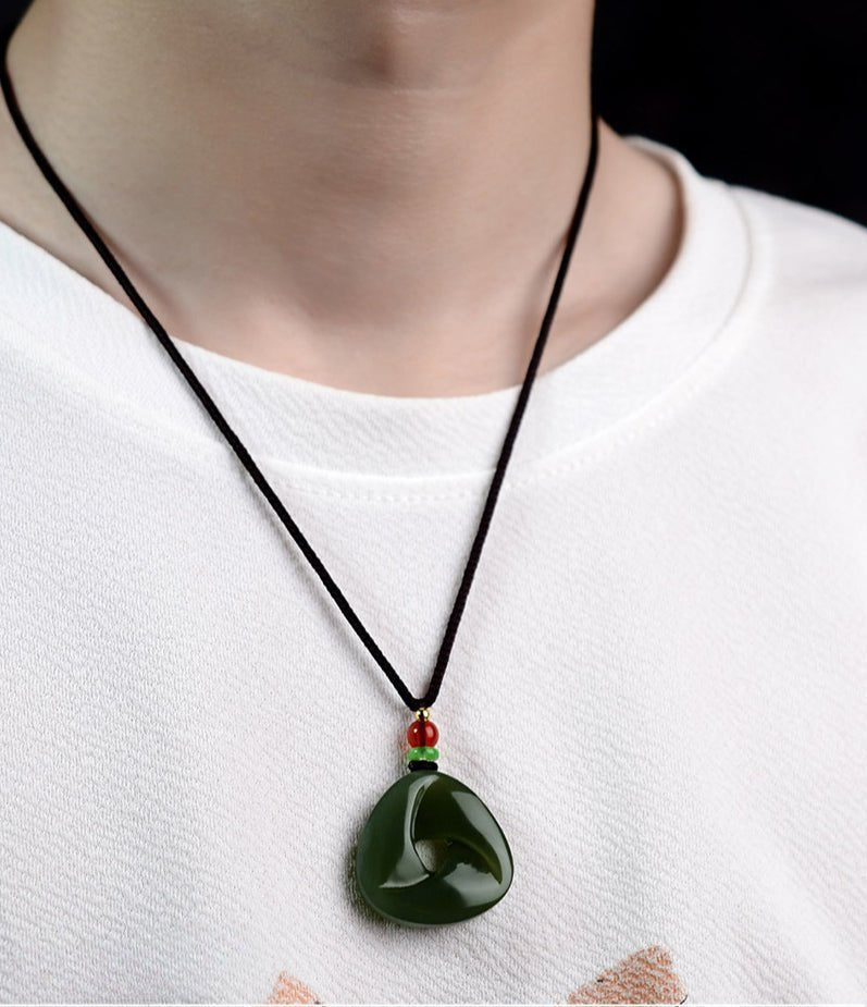 jade necklace - triangular hetian jade amulet pendant with colorful beads for good fortune and peace - star8s