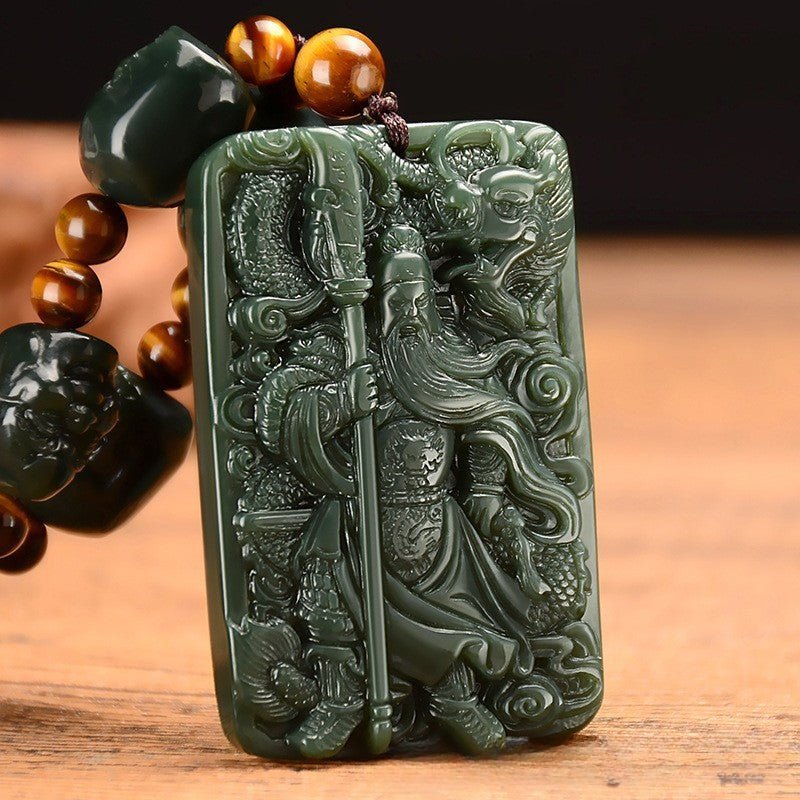 jade necklace with guan gong pendant - powerful and protective green jade amulet - adjustable necklace for men - star8s