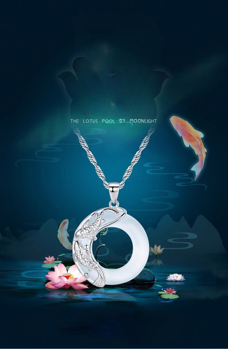lucky koi fish jade pendant necklace – pure silver moon design with cat’s eye stone, gift for her - star8s