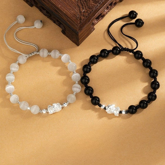 Mens Womens Bracelet: 999 Silver Black Agate Opal Couple Gift | STAR8S