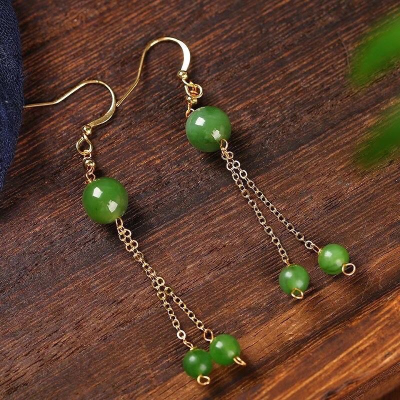 natural jade 8mm bead drop earrings with tassels – minimalist fresh design for women - star8s