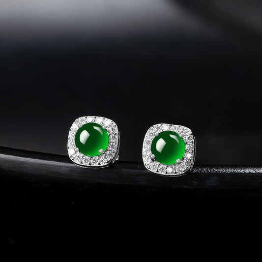 Natural Jade Green Round Earrings | S925 Silver Setting | Elegant Ice - Seed Jade Studs for Women - STAR8S