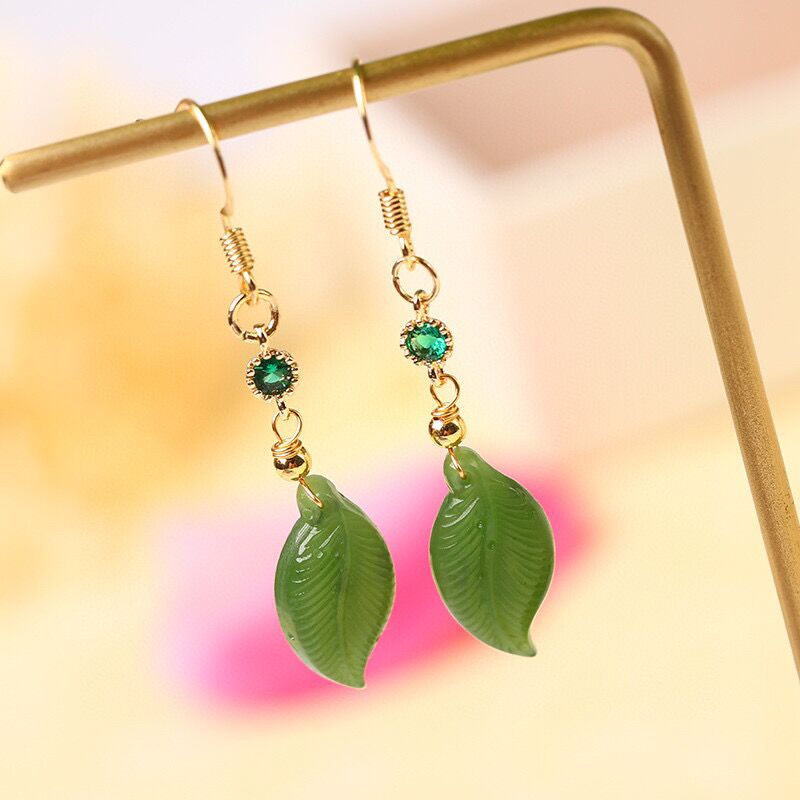 natural jade leaf earrings with green crystal accents | elegant gold hook earrings for women - star8s