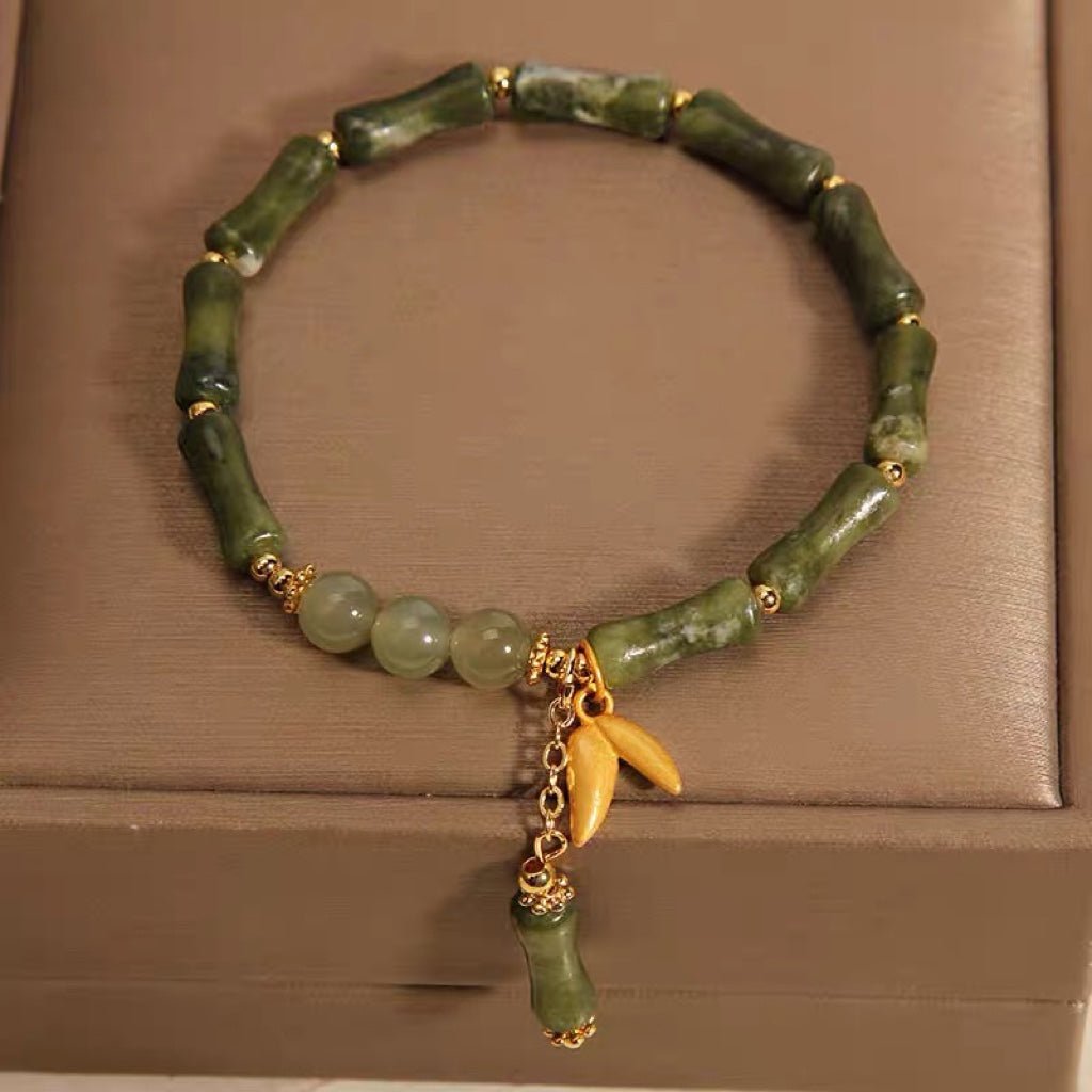 natural olive jade bamboo segment bracelet for women - 6mm jade beads & bamboo leaf charms | elegant & stylish gift - star8s