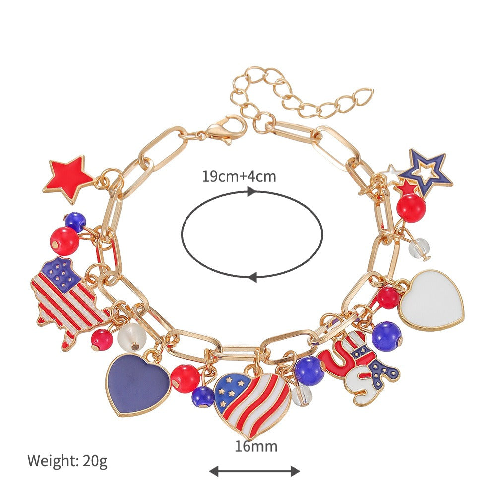 patriotic usa flag charm bracelet for women teen girls 4th of july jewelry memorial day independence day gifts red white and blue enamel star heart olympic sports fan link chain bracelet