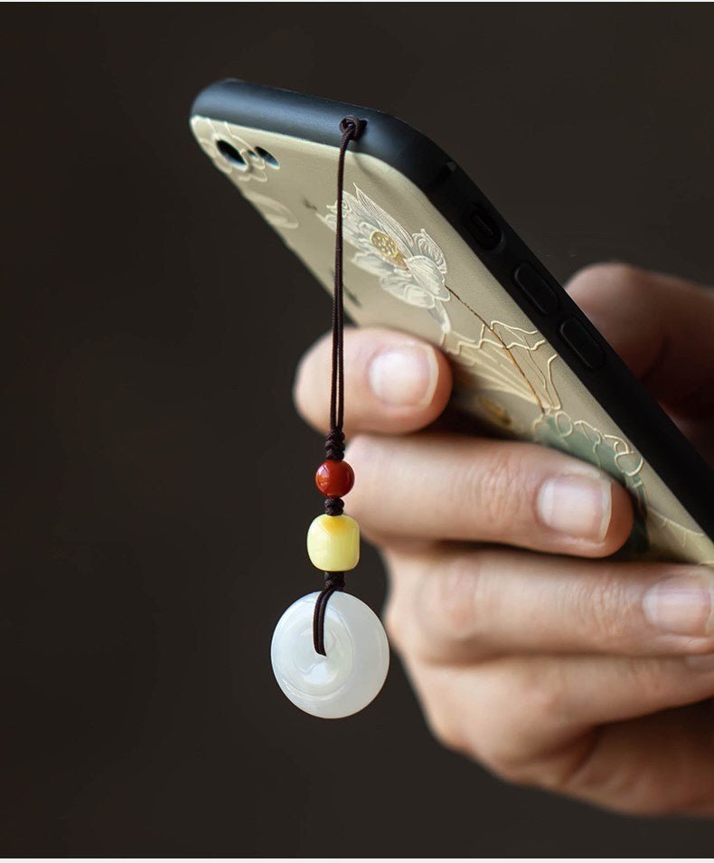 premium natural hetian jade ping an kou phone strap keychain pendant - men & women - star8s