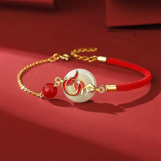 Real Jade Bracelet - Hetian Jade, 925 Silver, Koi Fish, Enamel, Safety Disc | STAR8S - STAR8S