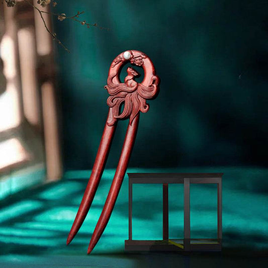 Red Sandalwood Ethnic - style Hairpin, Double - carved for Vintage & Daily Styling - STAR8S
