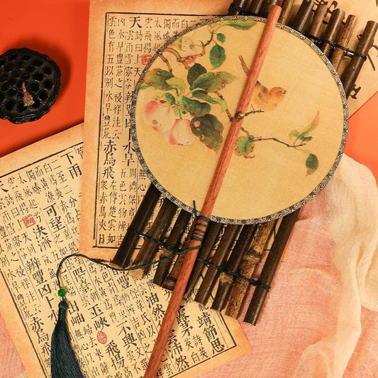 Redwood Long - handle Ancient - style Waist Fan with Apple and Bird Pattern, Rollable and Foldable - STAR8S
