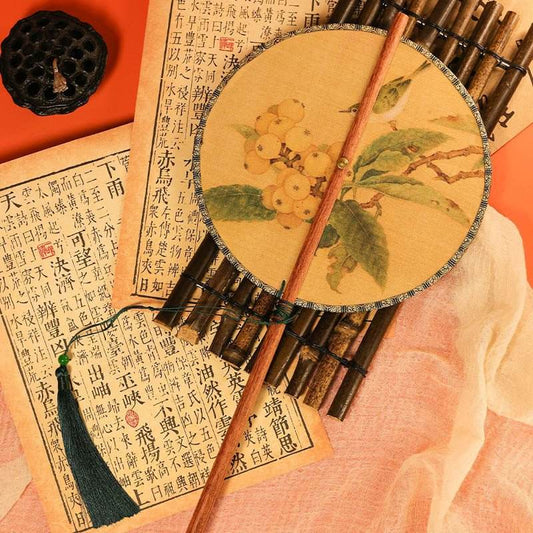 Redwood Long - handle Ancient - style Waist Fan with Loquat and Bird Pattern, Rollable & Foldable - STAR8S