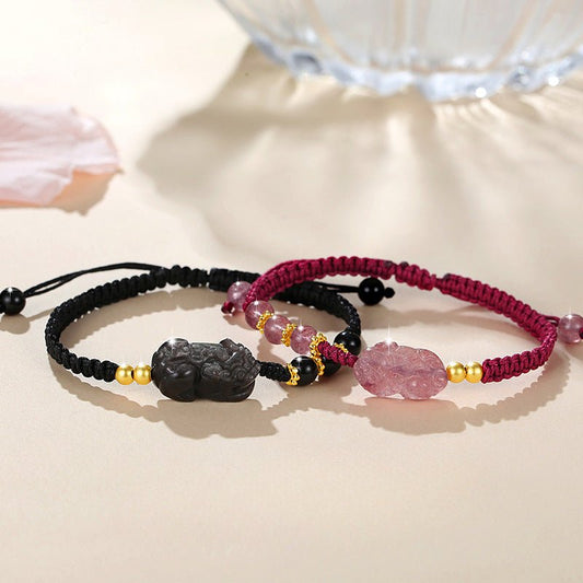 Romantic & Lucky Pixu Bracelet: 925 Silver Obsidian Strawberry Crystal | STAR8S