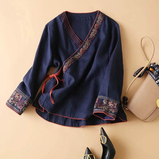 STAR8S Chinese Cotton and Hemp Embroidery Top Women's Summer New Oriental Hanfu Loose and Comfortable Top Chinese Shirt Chinese Clothes - STAR8S