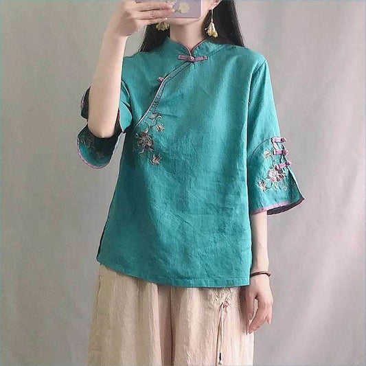 STAR8S New Autumn Multicolor Seven Quarter Ladies' Cotton Linen Shirt Blouse Chinese Traditional Women's Formal Top Ttang Costume Hanfu - STAR8S