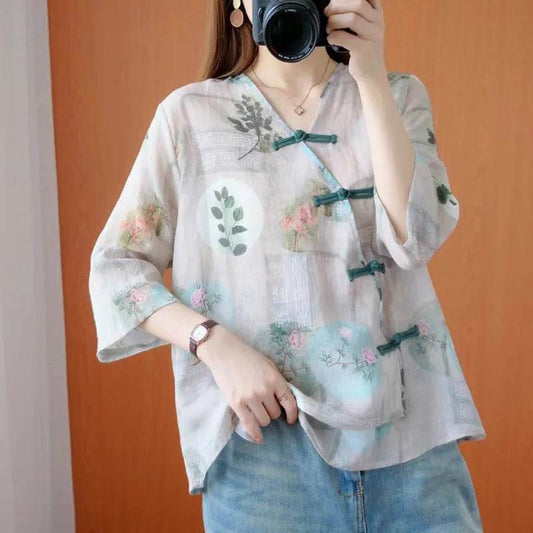 STAR8S New Traditional Chinese Top Chinese Flower Print Hanfu Clothes Oriental Clothing Traditional Chinese Linen Blouse For Women - STAR8S