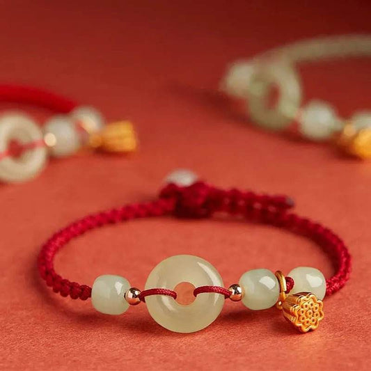 STAR8S Round Peace Buckle Jade Lotus Braided Bracelet: Chinese Auspicious Abundance Accessory - STAR8S