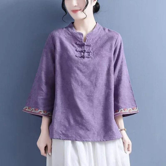 STAR8S Spring Summer Embroidery Elegant Vintage Cheongsam Hanfu Chinese Traditional Style Women Clothing Vintage Long Sleeve Female Top - STAR8S