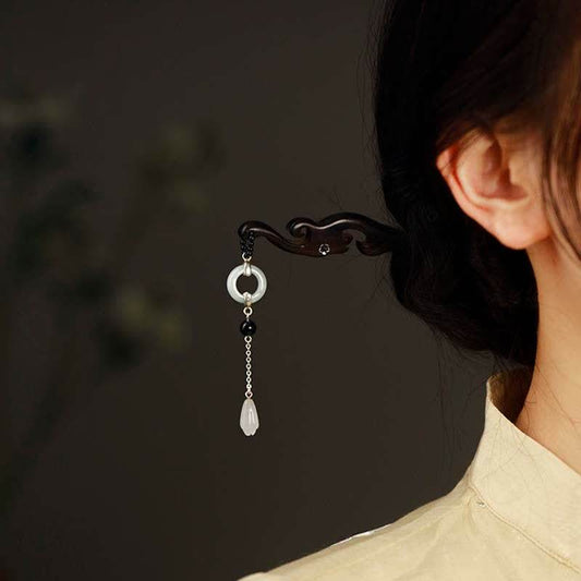 STAR8S White Jade and Ebony Wood Protection Hairpin: Chinese Natural - material Hand - made Hair Accessory - STAR8S