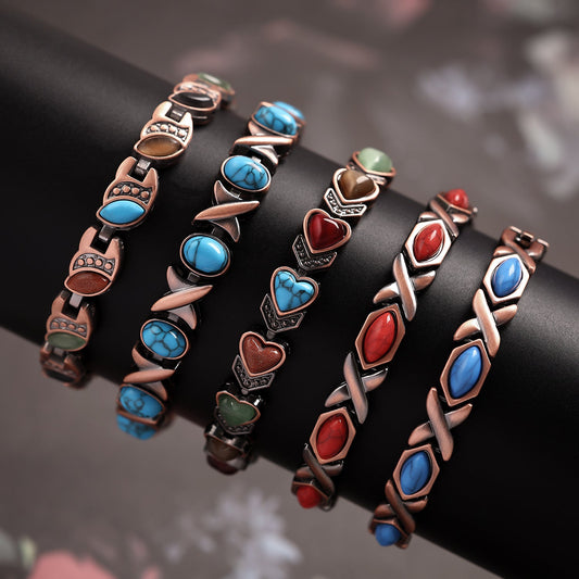 Vintage Bronze Brushed Metal Bracelet with Turquoise & Magnetic Stones – Unisex Design - STAR8S