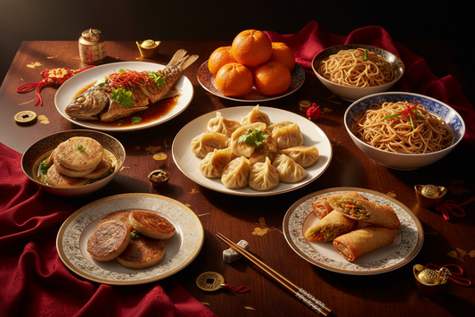 Traditional Lunar New Year dumplings on a red plate for wealth symbolism.
