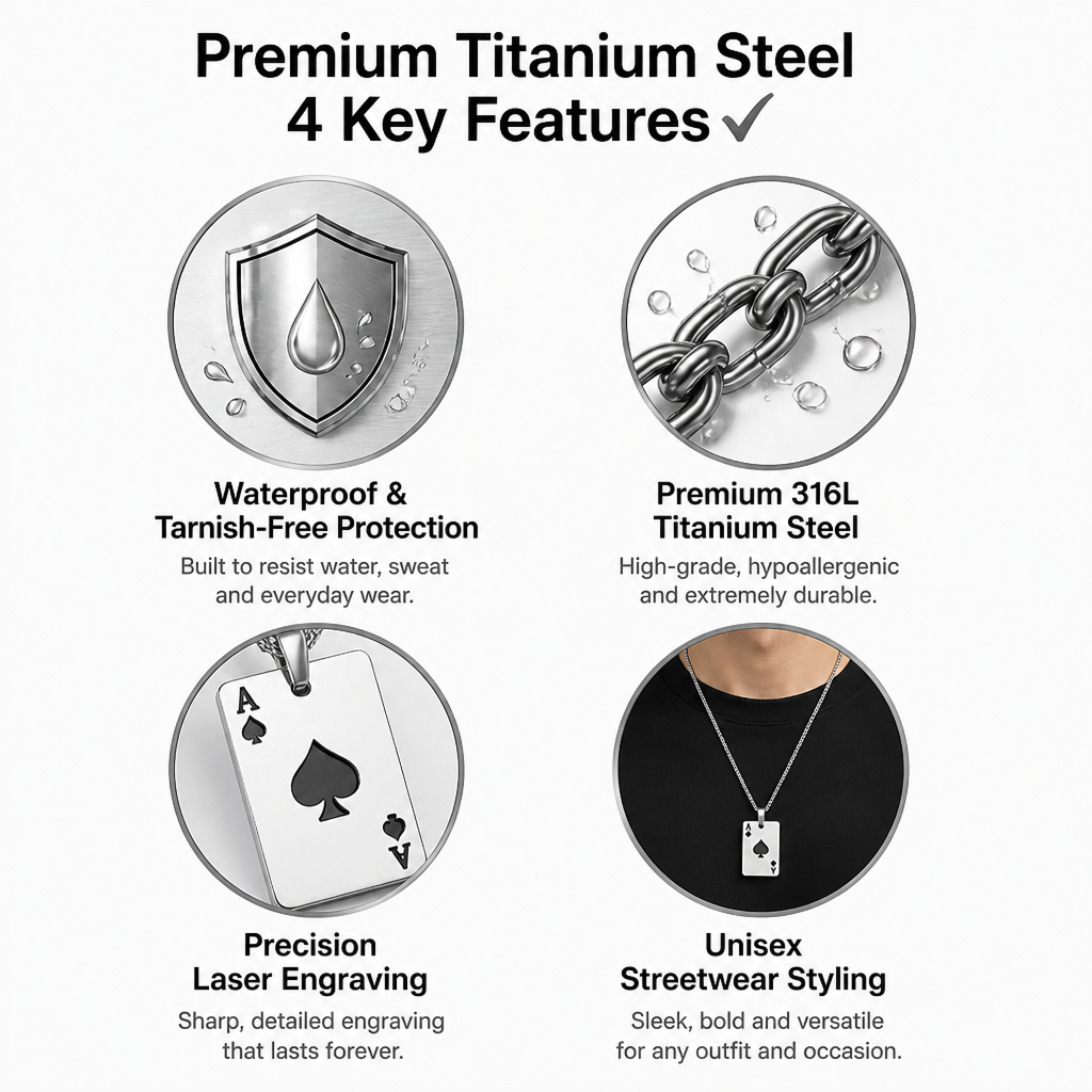 titanium steel ace of spades pendant necklace for men women unisex stainless steel playing poker card charm pendant hip hop streetwear box chain luck jewelry