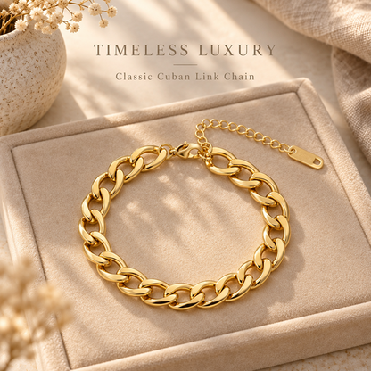 Gold-Plated Brass Cuban Link Bracelet with Adjustable Extender for Men and Women