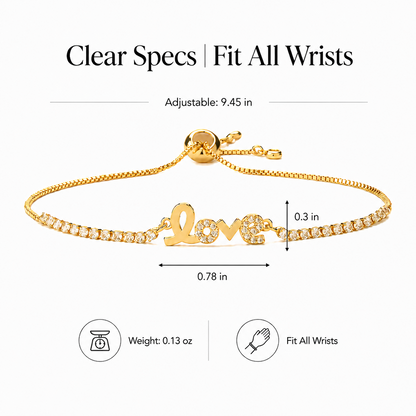 Sparkling Premium Cubic Zirconia LOVE Script Nameplate Bracelet Tarnish Resistant Base Skin Safe Hypoallergenic Adjustable Pull String Comfort Fit Evening Wear Gift